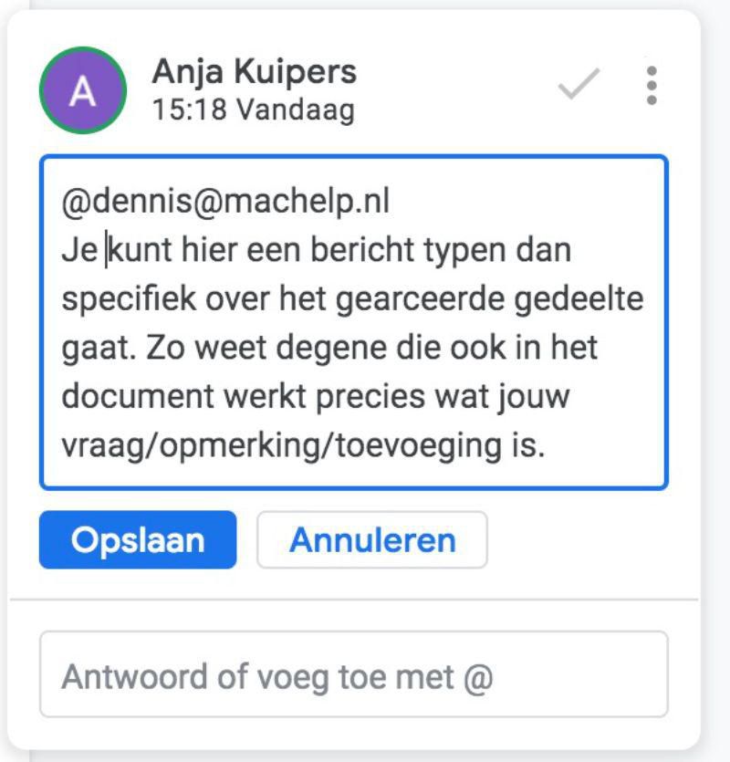 Google Drive Antwoord op opmerking