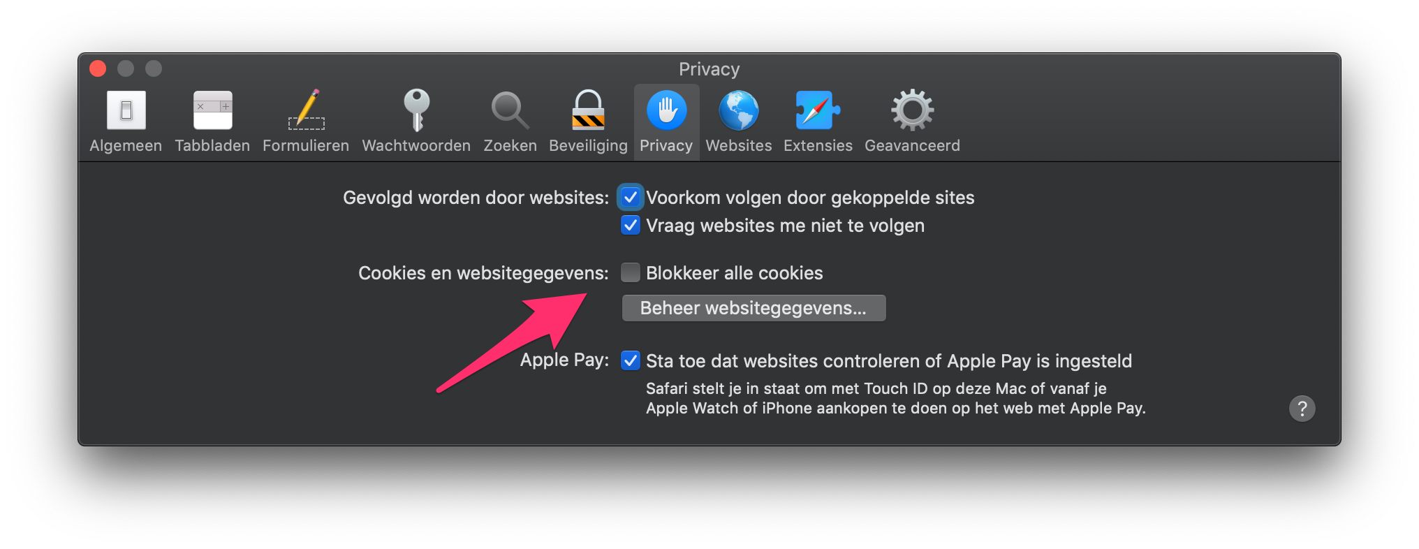 Safari voorkeuren scherm onderdeel cookies