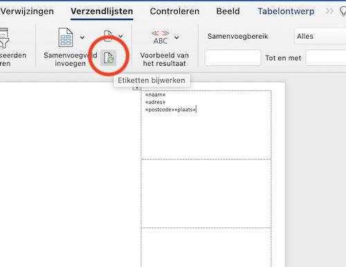 etiketten bijwerken word