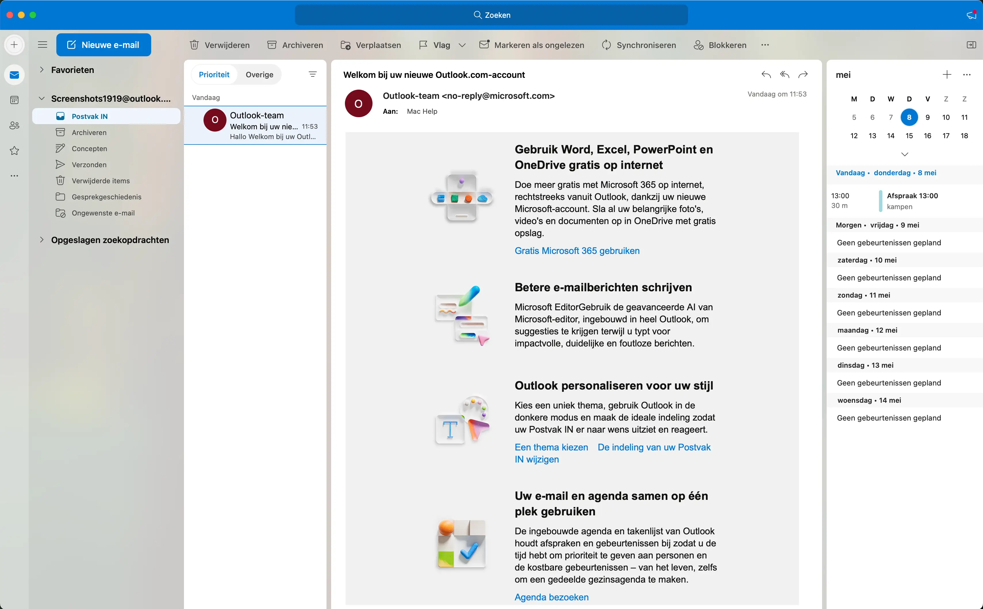 Outlook-agendaweergave naast een mailbox