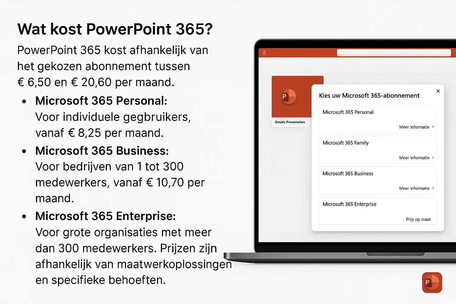 PowerPoint 365 geopend op een laptop, met details over abonnementen zichtbaar