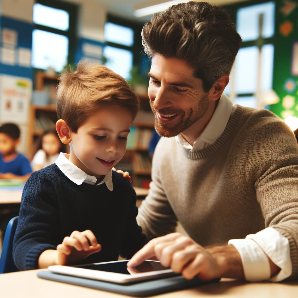 Docent begeleidt leerling met iPad ondersteund door Machelp