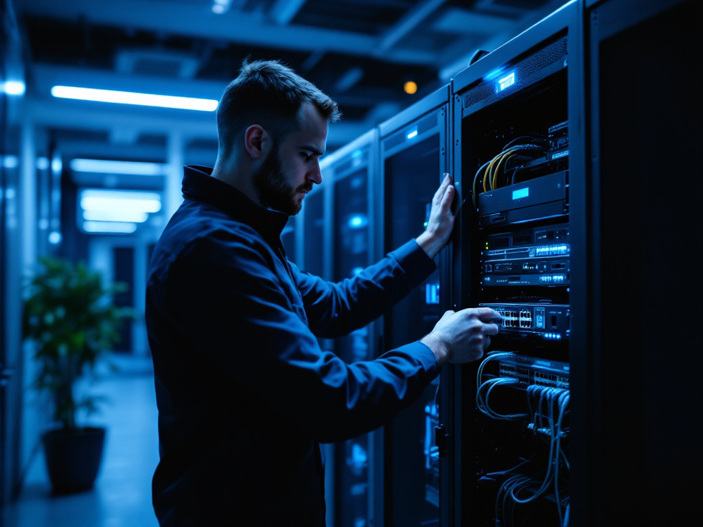 Een technicus werkt aan netwerkapparatuur in een serverkast