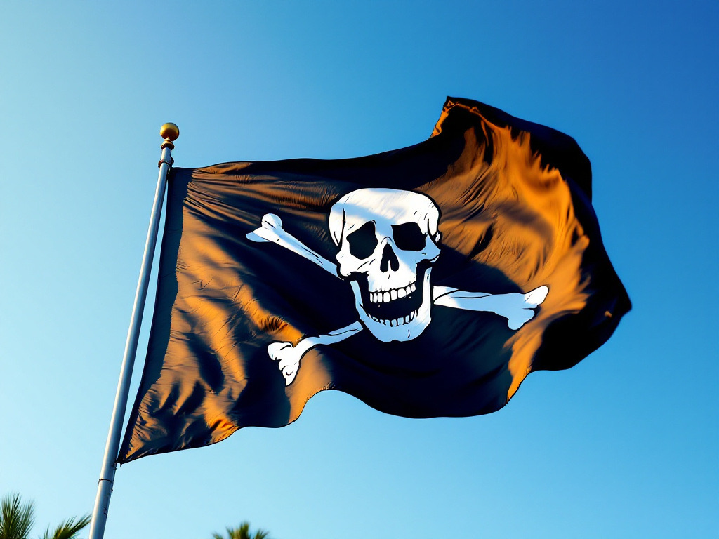 Een Jolly Roger-piratenvlag wappert tegen een blauwe Californische hemel met palmbomen onderaan