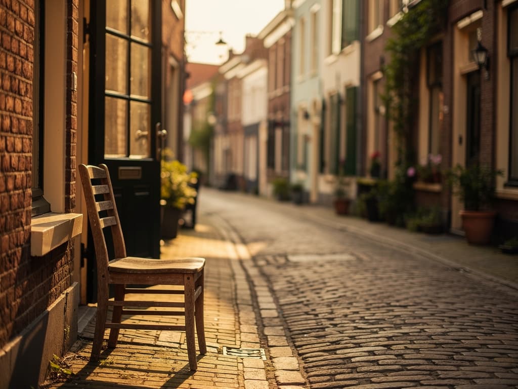 Zonnige nazomerse straat in de oude binnenstad van Kampen met kinderkopjes en een leeg houten stoeltje naast een openstaande winkeldeur in de middagzon