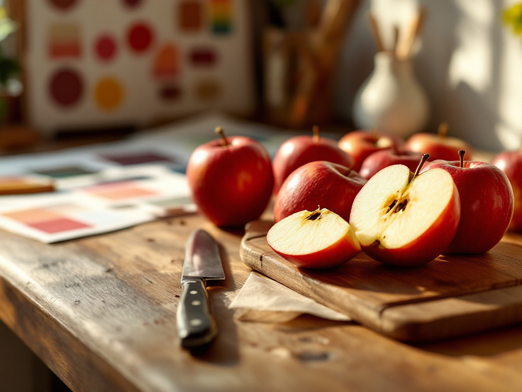 Doorgesneden rode appels op een houten snijplank met een keukenmes ernaast