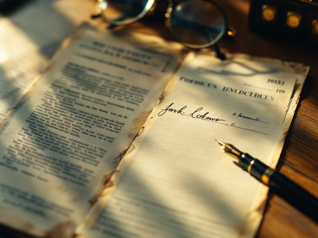Vintage zakelijk document, vulpen en ronde bril op een houten bureau in warm licht