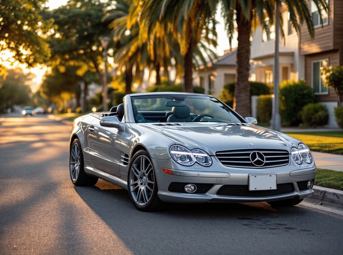 Zilvergrijze Mercedes SL55 AMG geparkeerd langs de stoeprand in een Californische voorstad